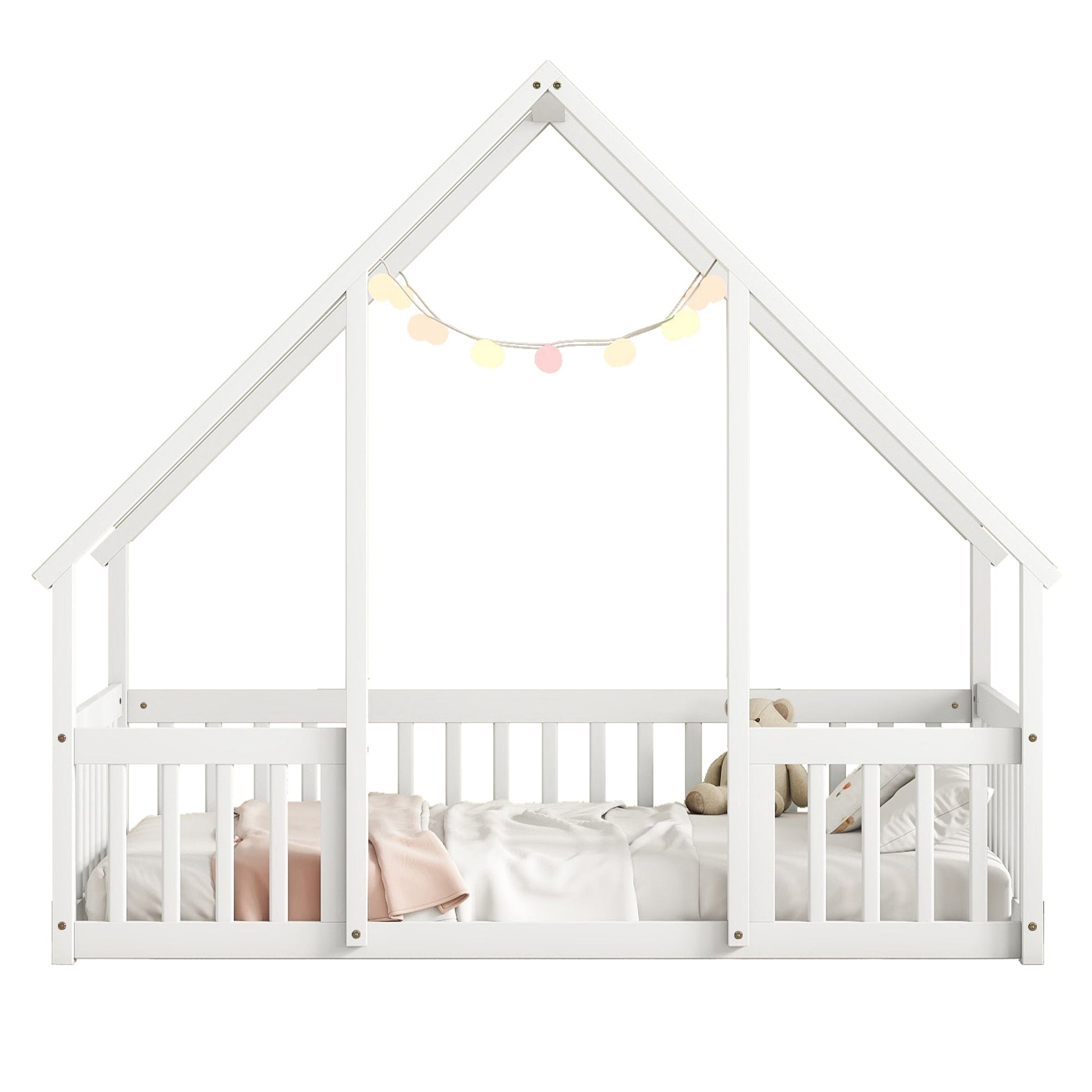 Twin Wood House - Shaped Floor Bed with Fence, Guardrails ,White - 1st Choice Furniture Direct