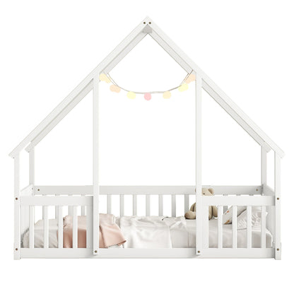 Twin Wood House - Shaped Floor Bed with Fence, Guardrails ,White - 1st Choice Furniture Direct