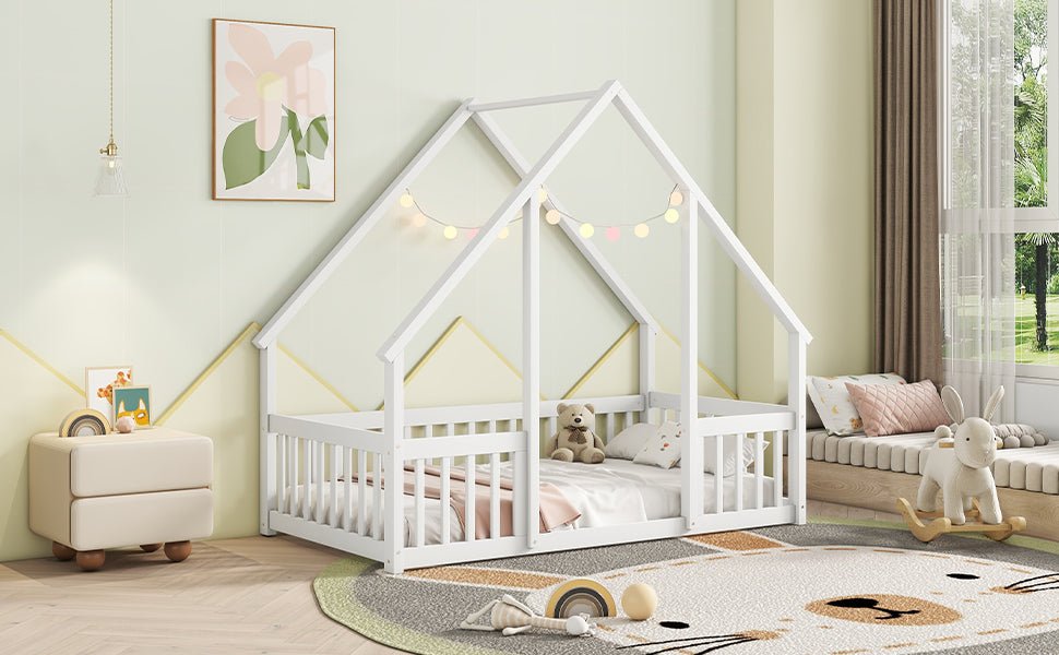 Twin Wood House - Shaped Floor Bed with Fence, Guardrails ,White - 1st Choice Furniture Direct