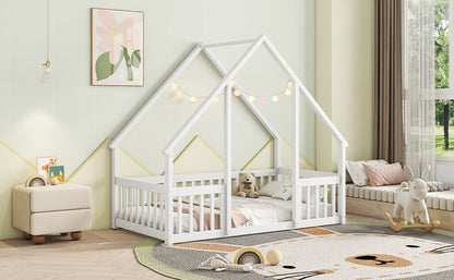 Twin Wood House - Shaped Floor Bed with Fence, Guardrails ,White - 1st Choice Furniture Direct