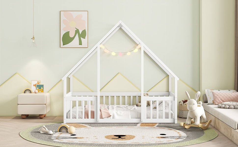 Twin Wood House - Shaped Floor Bed with Fence, Guardrails ,White - 1st Choice Furniture Direct