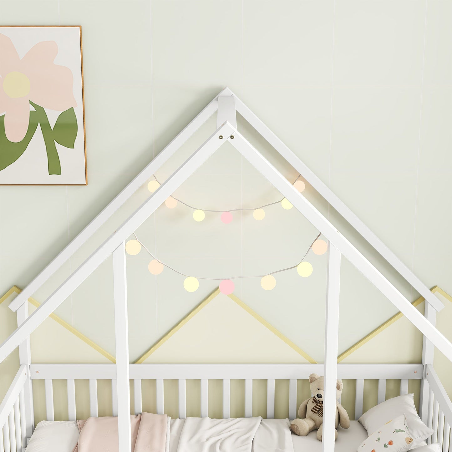 Twin Wood House - Shaped Floor Bed with Fence, Guardrails ,White - 1st Choice Furniture Direct