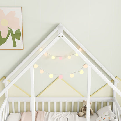 Twin Wood House - Shaped Floor Bed with Fence, Guardrails ,White - 1st Choice Furniture Direct