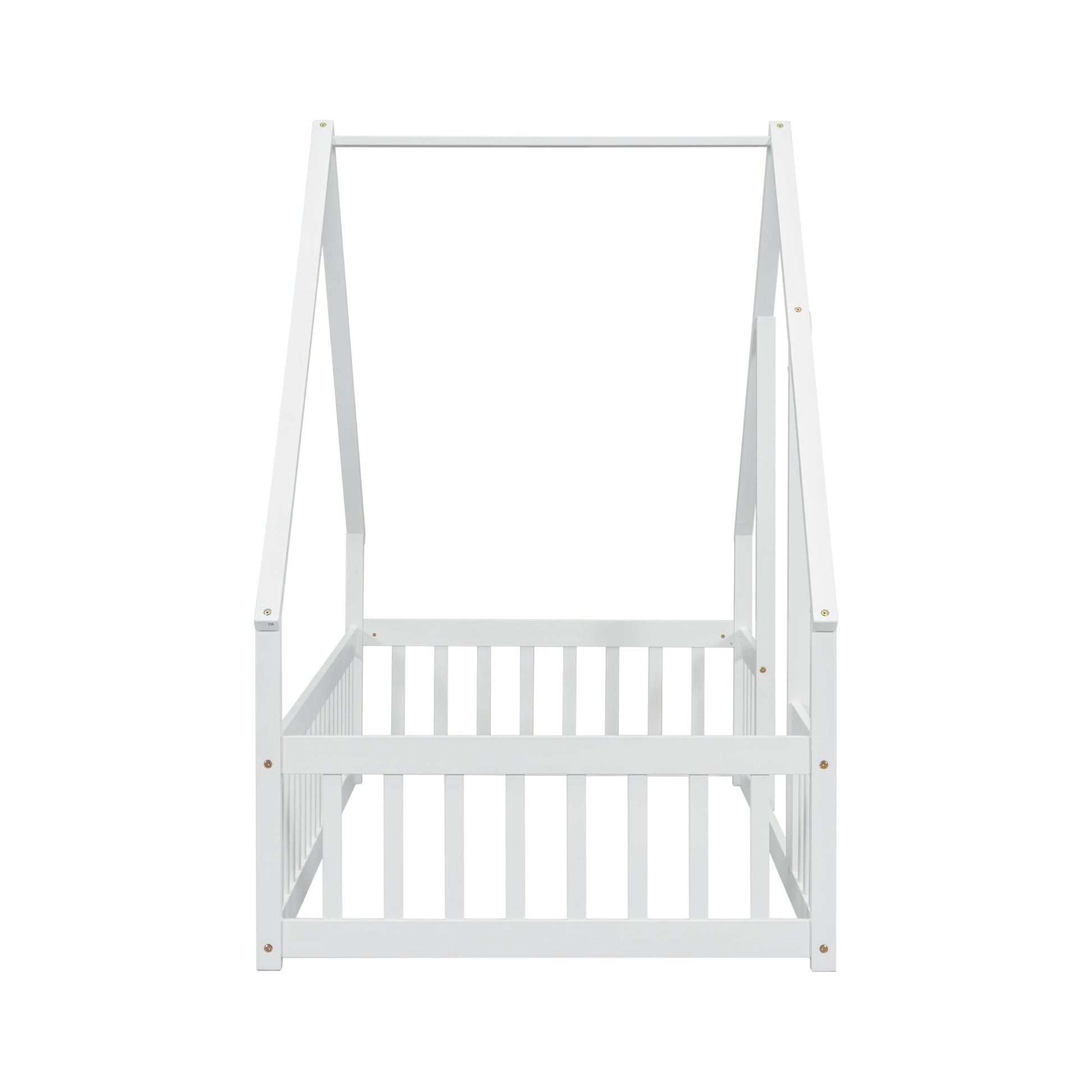 Twin Wood House - Shaped Floor Bed with Fence, Guardrails ,White - 1st Choice Furniture Direct