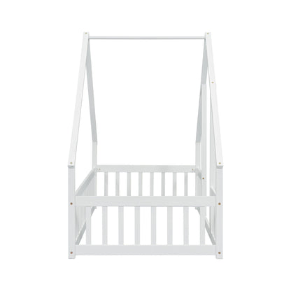 Twin Wood House - Shaped Floor Bed with Fence, Guardrails ,White - 1st Choice Furniture Direct