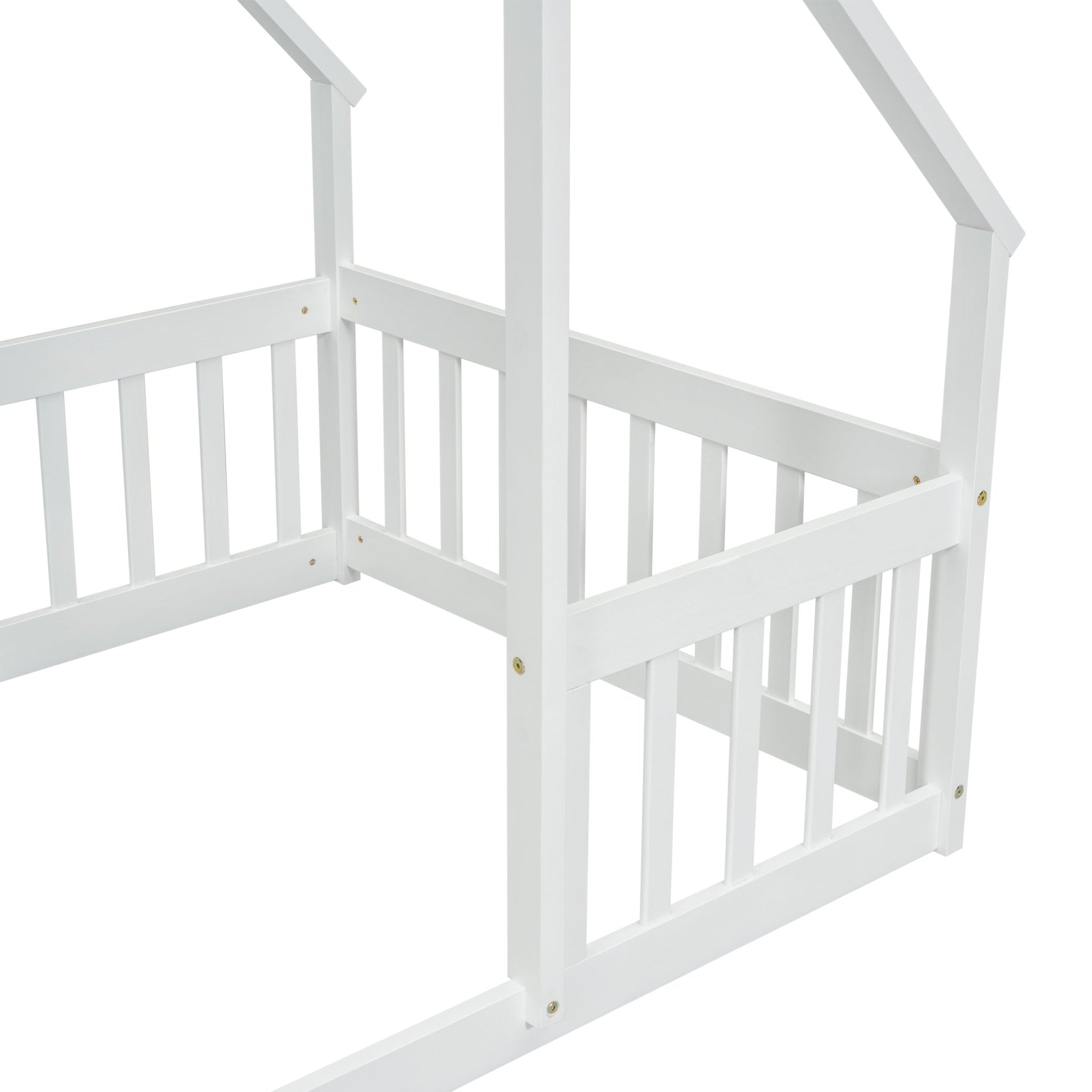 Twin Wood House - Shaped Floor Bed with Fence, Guardrails ,White - 1st Choice Furniture Direct