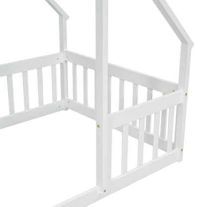 Twin Wood House - Shaped Floor Bed with Fence, Guardrails ,White - 1st Choice Furniture Direct