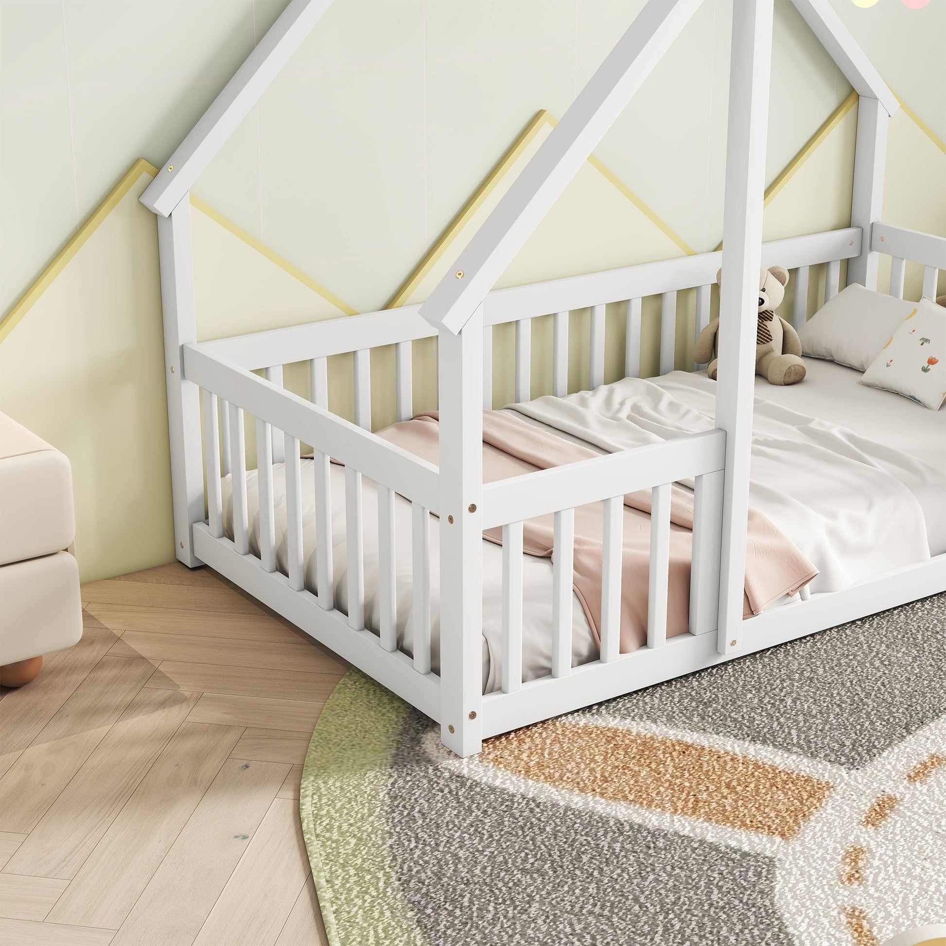 Twin Wood House - Shaped Floor Bed with Fence, Guardrails ,White - 1st Choice Furniture Direct