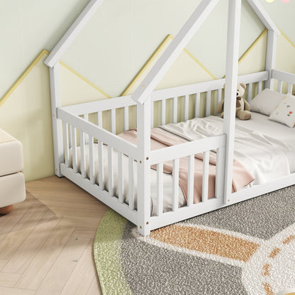 Twin Wood House - Shaped Floor Bed with Fence, Guardrails ,White - 1st Choice Furniture Direct