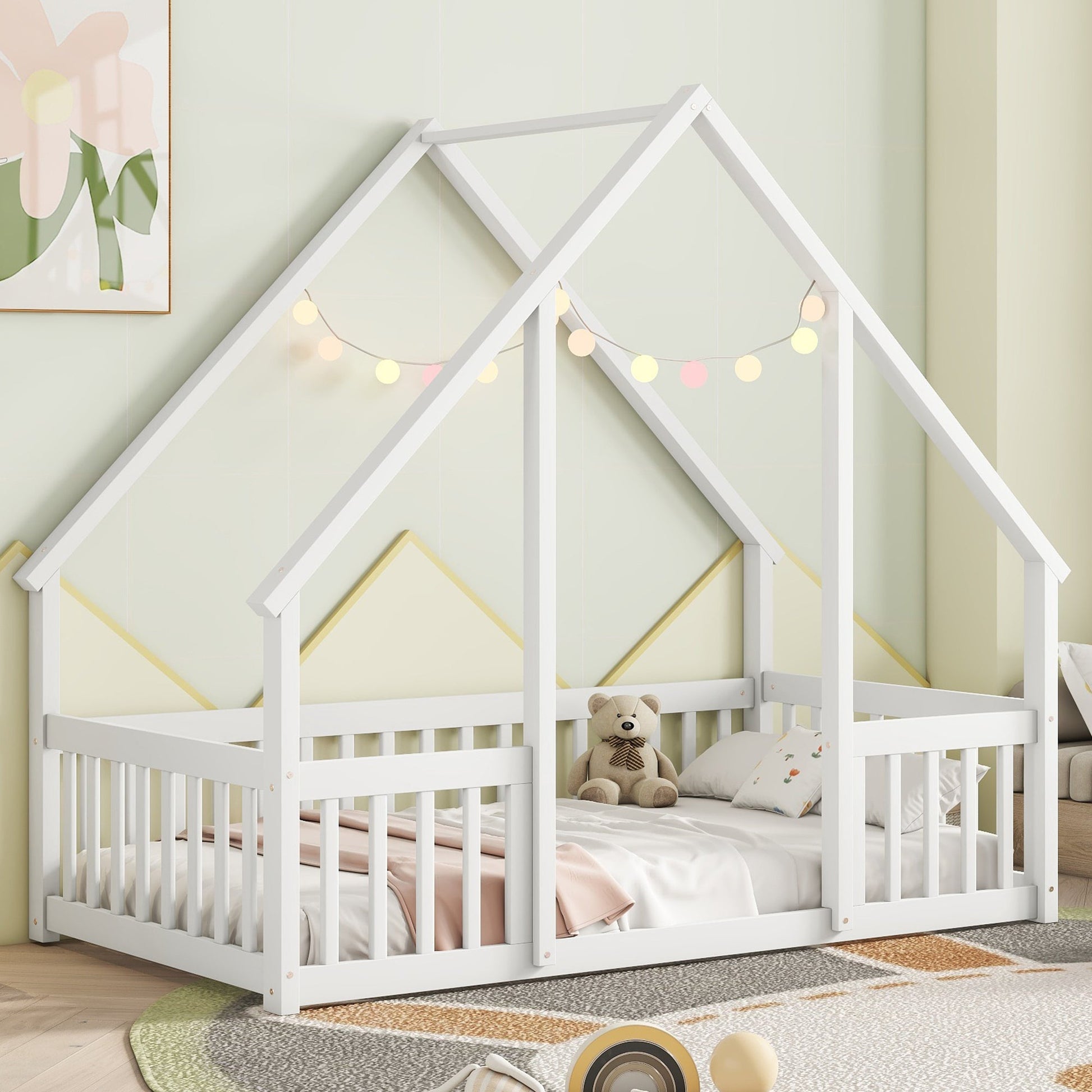 Twin Wood House - Shaped Floor Bed with Fence, Guardrails ,White - 1st Choice Furniture Direct