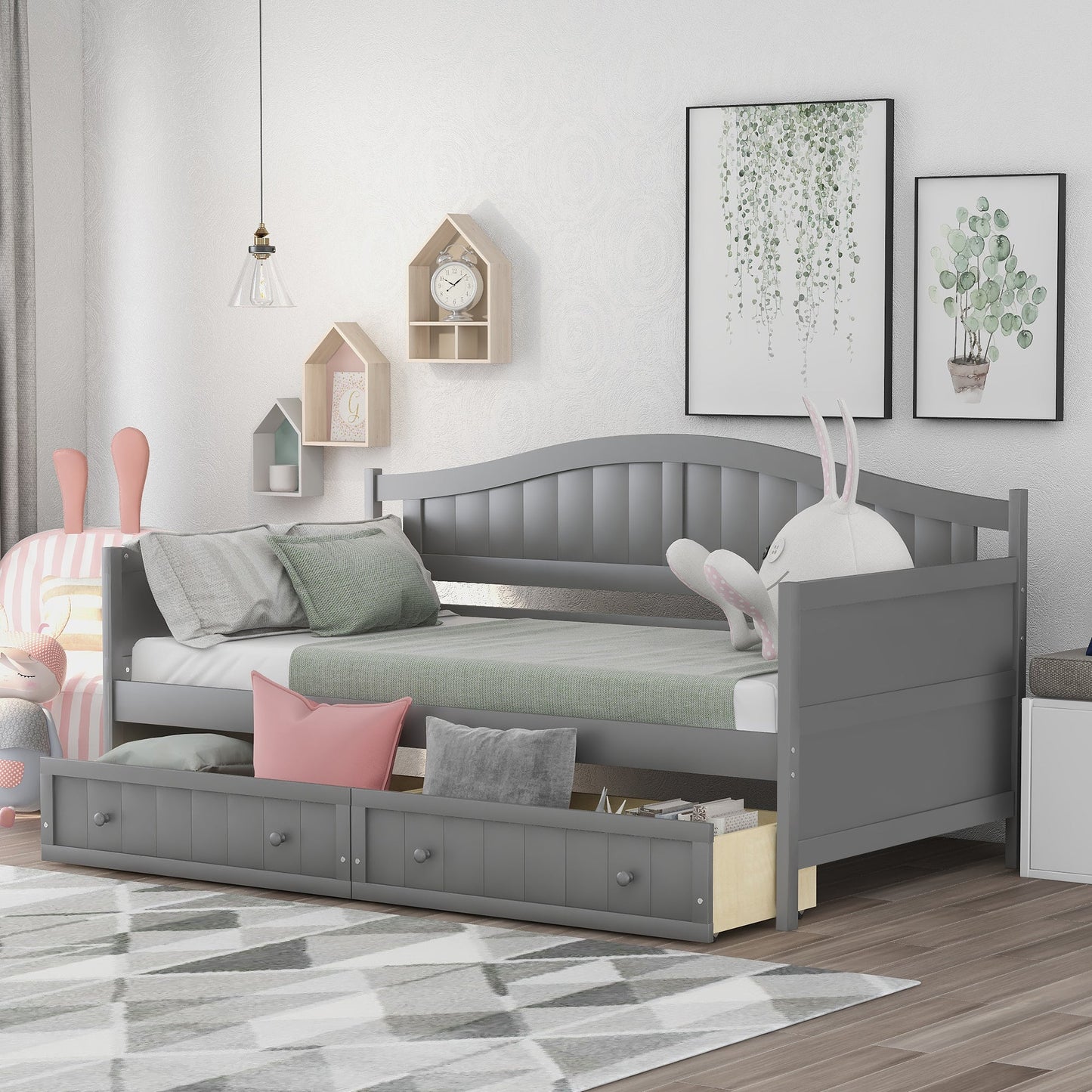 Twin Wooden Daybed with 2 drawers, Sofa Bed for Bedroom Living Room,No Box Spring Needed,Gray - 1st Choice Furniture Direct