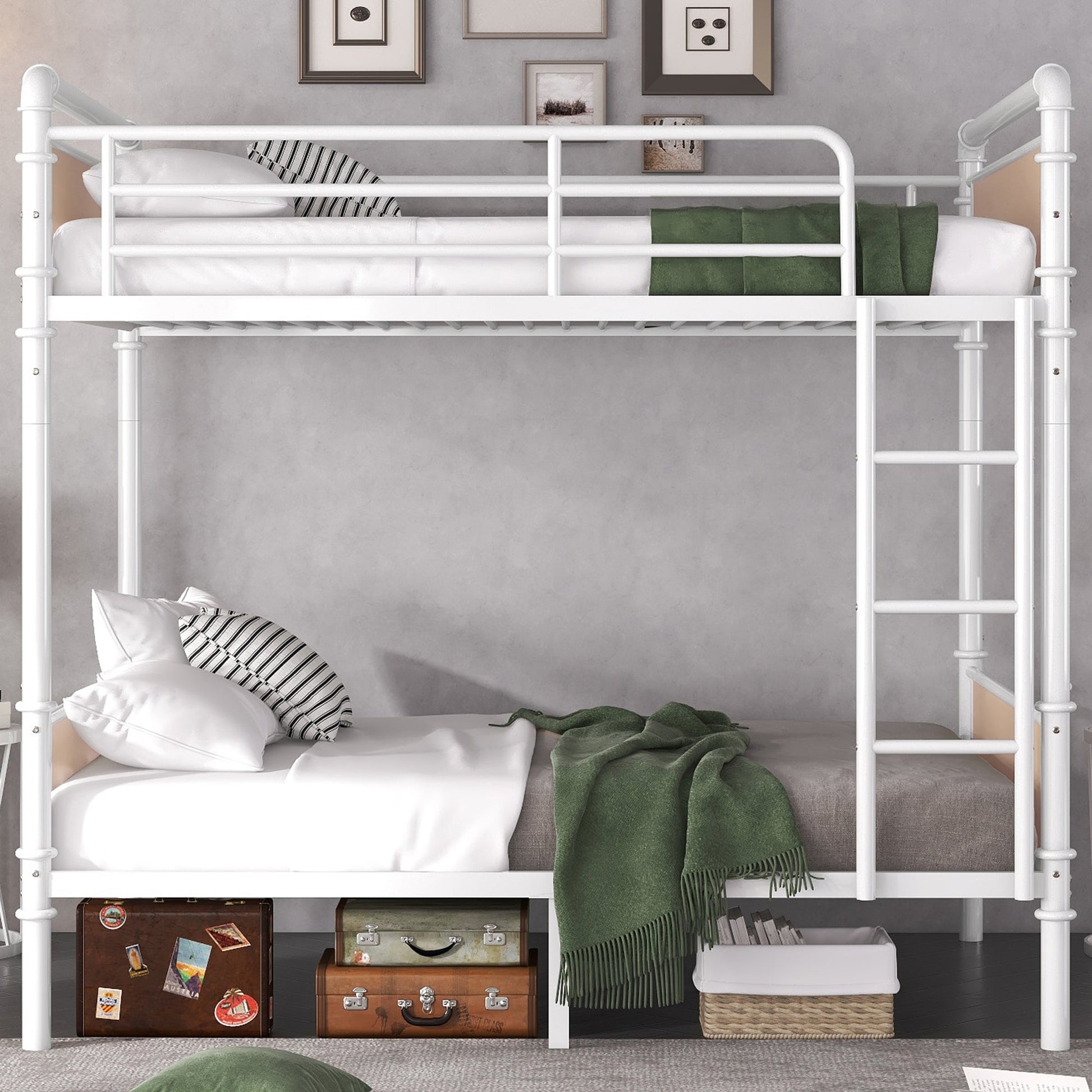 Twin XL over Twin XL Metal Bunk Bed, Industrial Detachable Bunkbeds with Safety Guard Rails for Teens, White(Expect Arrival Date 2025/6/18) - 1st Choice Furniture Direct