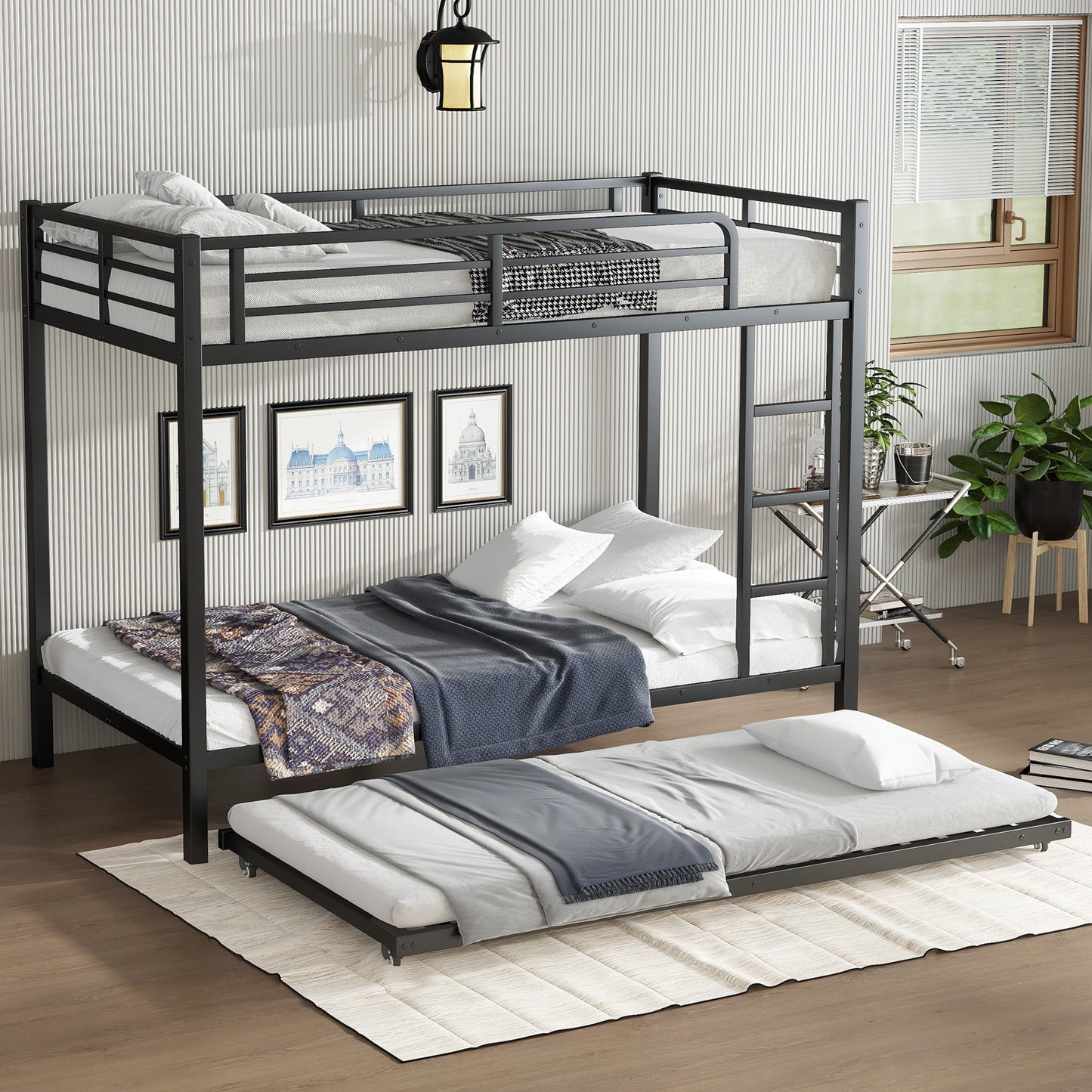 Twin XL over Twin XL Metal Bunk Bed with Twin Size Trundle, Black - 1st Choice Furniture Direct