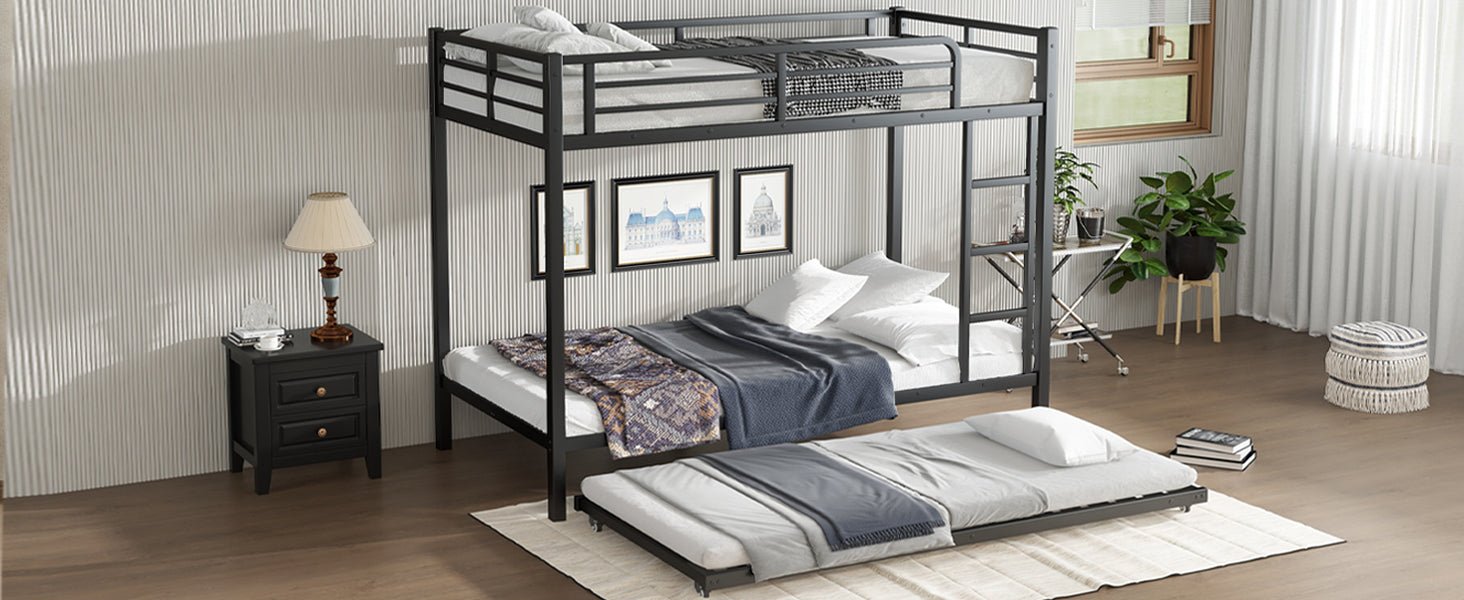 Twin XL over Twin XL Metal Bunk Bed with Twin Size Trundle, Black - 1st Choice Furniture Direct