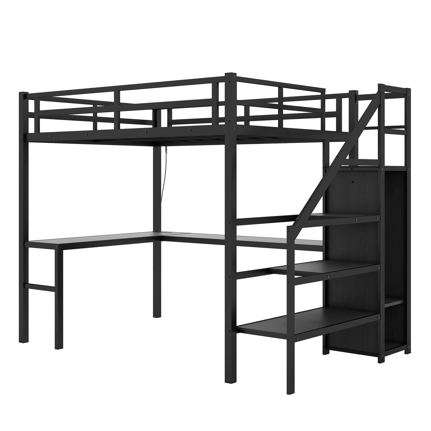 Twin XL Size Loft Bed with L - shaped Desk and USB, Metal Loft Bed with Wardrobe and Adjustable Shelf, High Loft Bed with LED for Kids Teens Adults, Black - 1st Choice Furniture Direct