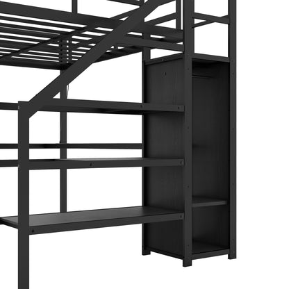 Twin XL Size Loft Bed with L - shaped Desk and USB, Metal Loft Bed with Wardrobe and Adjustable Shelf, High Loft Bed with LED for Kids Teens Adults, Black - 1st Choice Furniture Direct