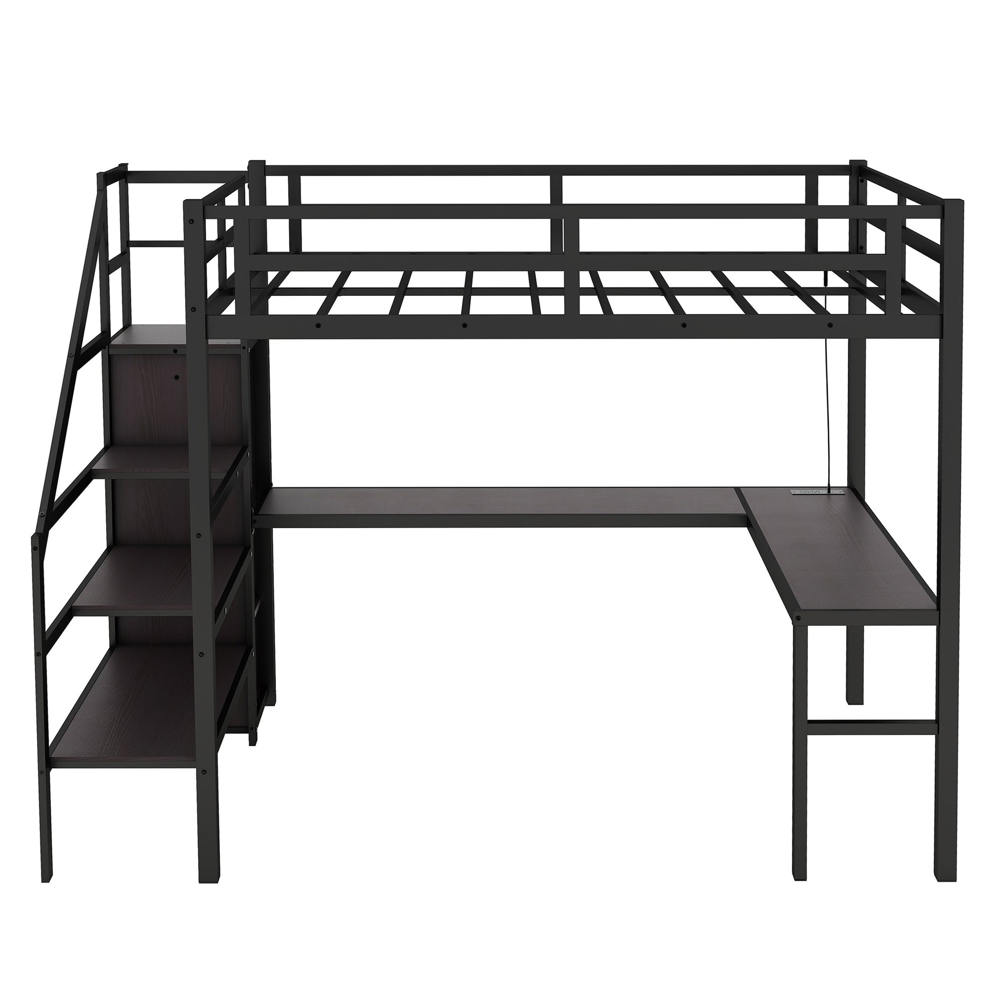 Twin XL Size Loft Bed with L - shaped Desk and USB, Metal Loft Bed with Wardrobe and Adjustable Shelf, High Loft Bed with LED for Kids Teens Adults, Black - 1st Choice Furniture Direct