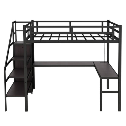 Twin XL Size Loft Bed with L - shaped Desk and USB, Metal Loft Bed with Wardrobe and Adjustable Shelf, High Loft Bed with LED for Kids Teens Adults, Black - 1st Choice Furniture Direct