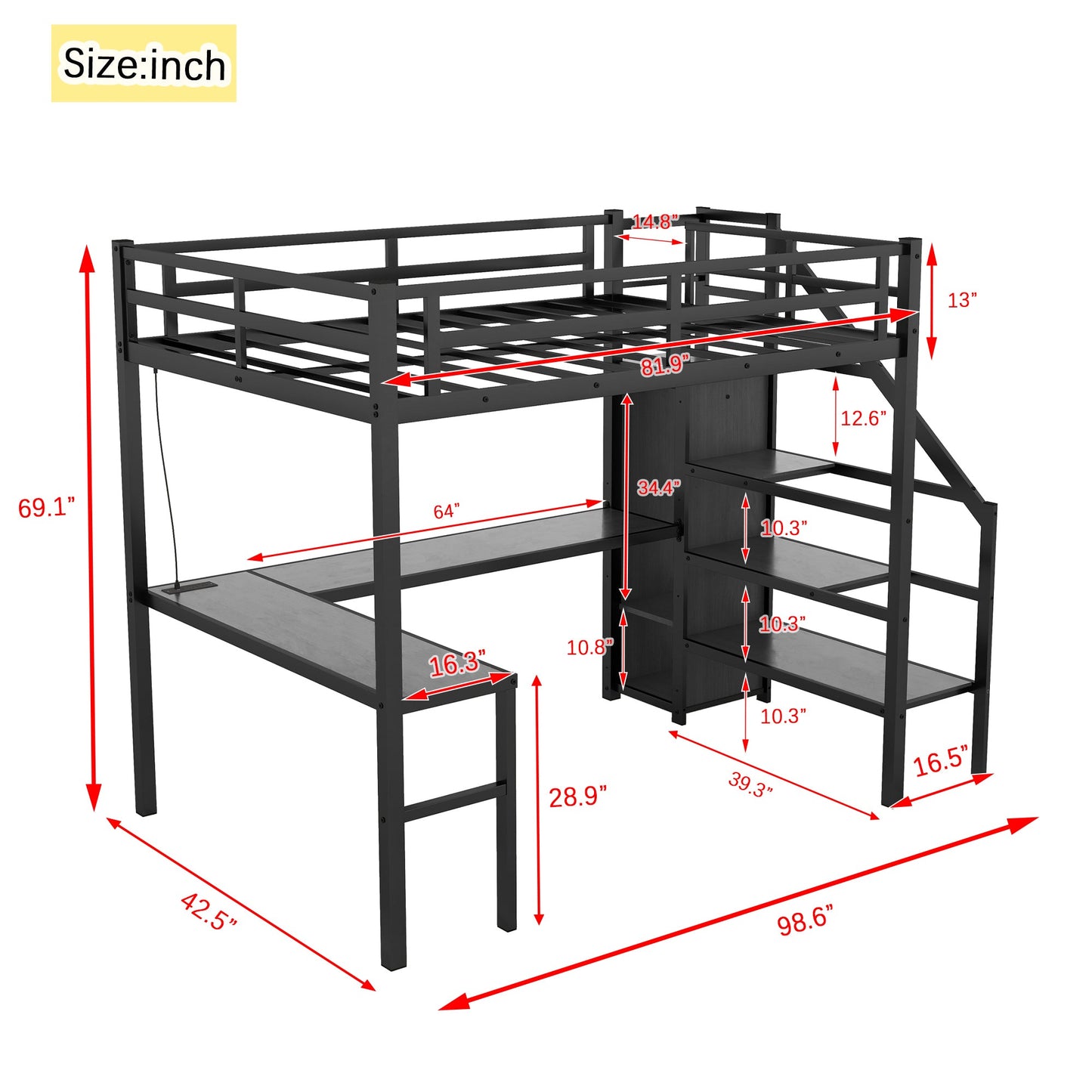 Twin XL Size Loft Bed with L - shaped Desk and USB, Metal Loft Bed with Wardrobe and Adjustable Shelf, High Loft Bed with LED for Kids Teens Adults, Black - 1st Choice Furniture Direct