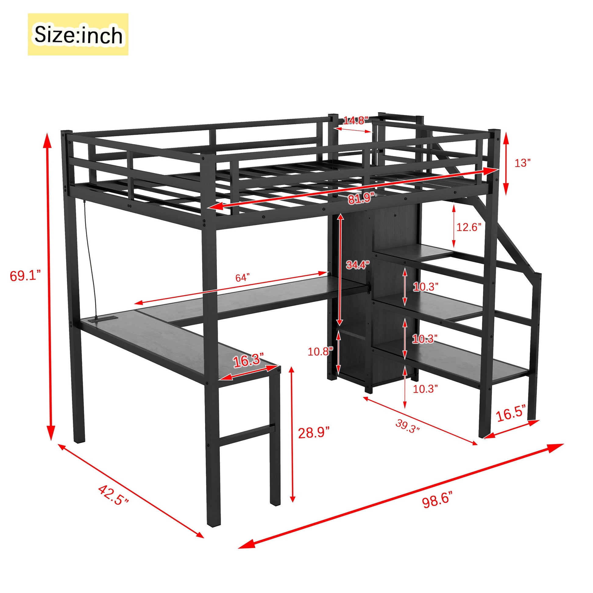 Twin XL Size Loft Bed with L - shaped Desk and USB, Metal Loft Bed with Wardrobe and Adjustable Shelf, High Loft Bed with LED for Kids Teens Adults, Black - 1st Choice Furniture Direct