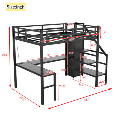 Twin XL Size Loft Bed with L - shaped Desk and USB, Metal Loft Bed with Wardrobe and Adjustable Shelf, High Loft Bed with LED for Kids Teens Adults, Black - 1st Choice Furniture Direct