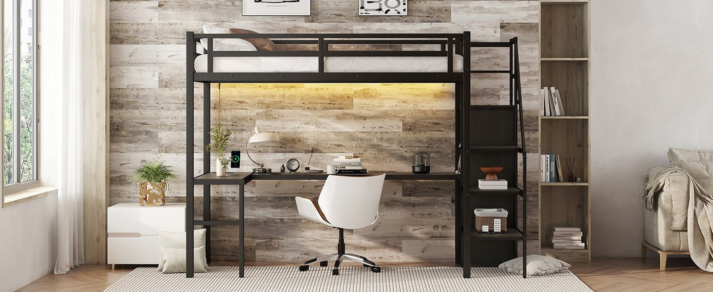 Twin XL Size Loft Bed with L - shaped Desk and USB, Metal Loft Bed with Wardrobe and Adjustable Shelf, High Loft Bed with LED for Kids Teens Adults, Black - 1st Choice Furniture Direct