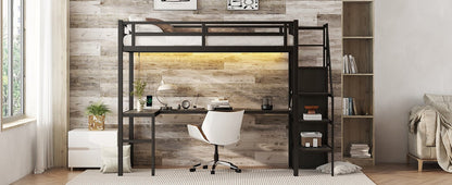 Twin XL Size Loft Bed with L - shaped Desk and USB, Metal Loft Bed with Wardrobe and Adjustable Shelf, High Loft Bed with LED for Kids Teens Adults, Black - 1st Choice Furniture Direct