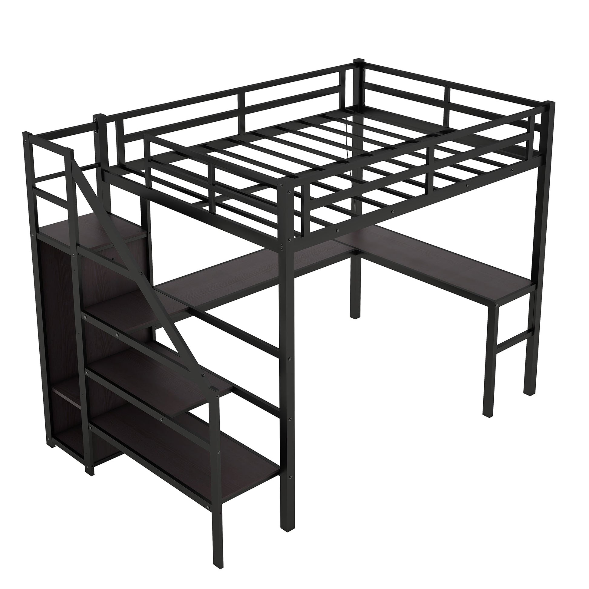 Twin XL Size Loft Bed with L - shaped Desk and USB, Metal Loft Bed with Wardrobe and Adjustable Shelf, High Loft Bed with LED for Kids Teens Adults, Black - 1st Choice Furniture Direct