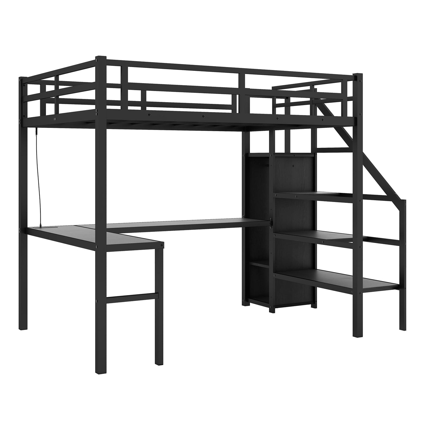 Twin XL Size Loft Bed with L - shaped Desk and USB, Metal Loft Bed with Wardrobe and Adjustable Shelf, High Loft Bed with LED for Kids Teens Adults, Black - 1st Choice Furniture Direct