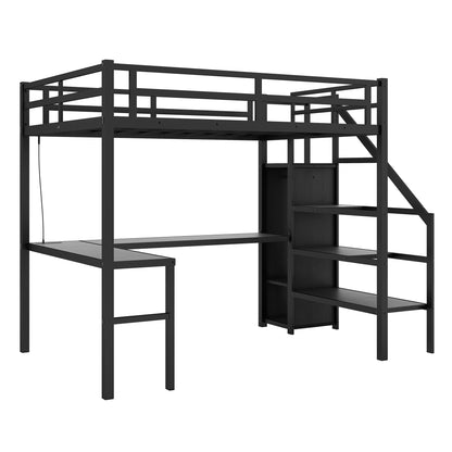 Twin XL Size Loft Bed with L - shaped Desk and USB, Metal Loft Bed with Wardrobe and Adjustable Shelf, High Loft Bed with LED for Kids Teens Adults, Black - 1st Choice Furniture Direct