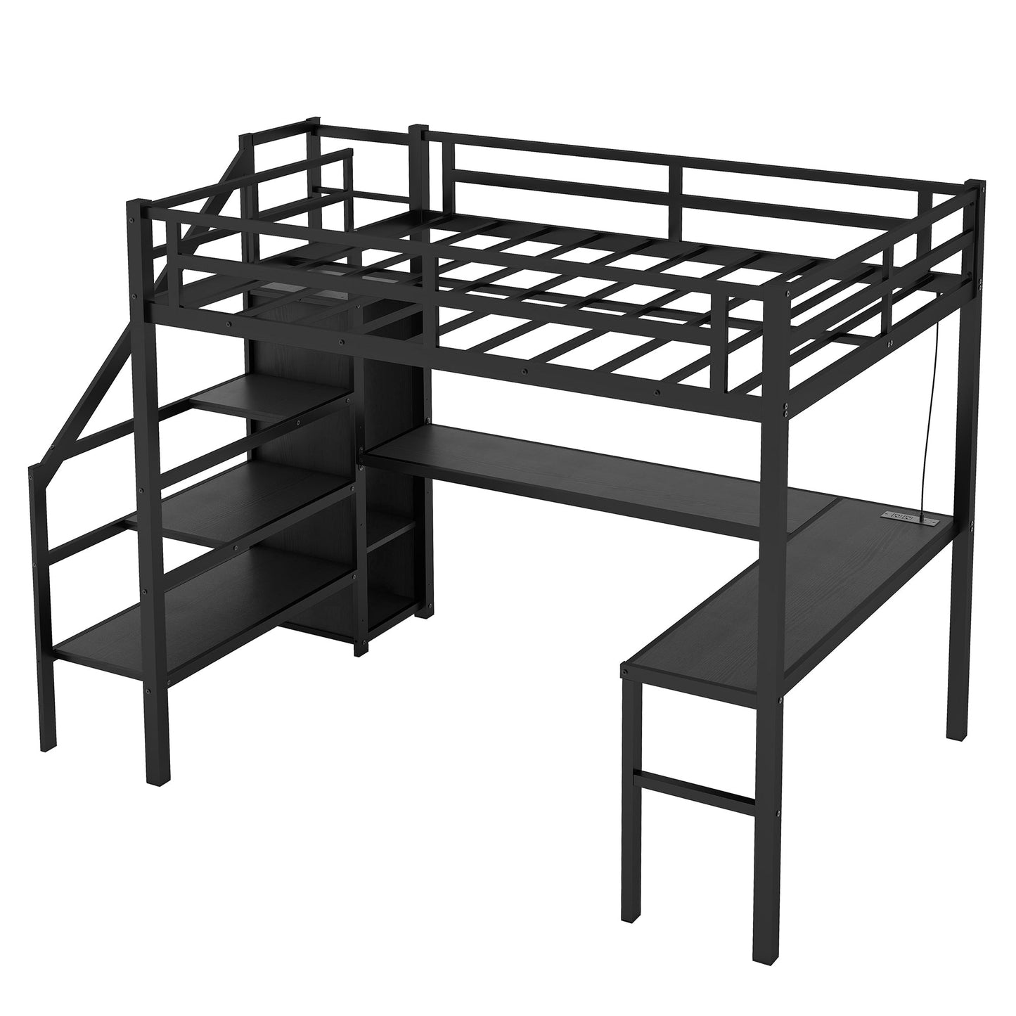 Twin XL Size Loft Bed with L - shaped Desk and USB, Metal Loft Bed with Wardrobe and Adjustable Shelf, High Loft Bed with LED for Kids Teens Adults, Black - 1st Choice Furniture Direct