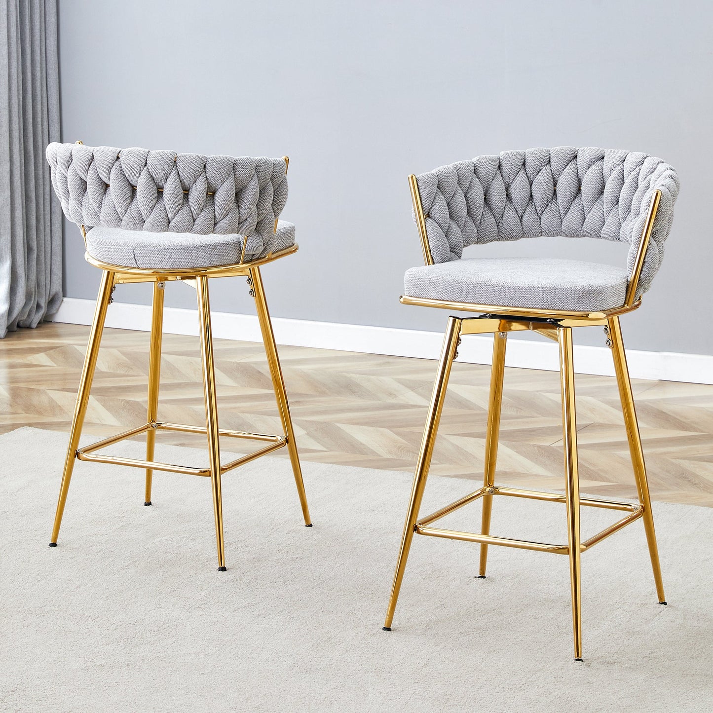 Two sets of swivel bar stools with breathable cotton and linen soft cushions, electroplated metal frames without rust, suitable for restaurant and bar use, as well as for casual seating in living room - 1st Choice Furniture Direct