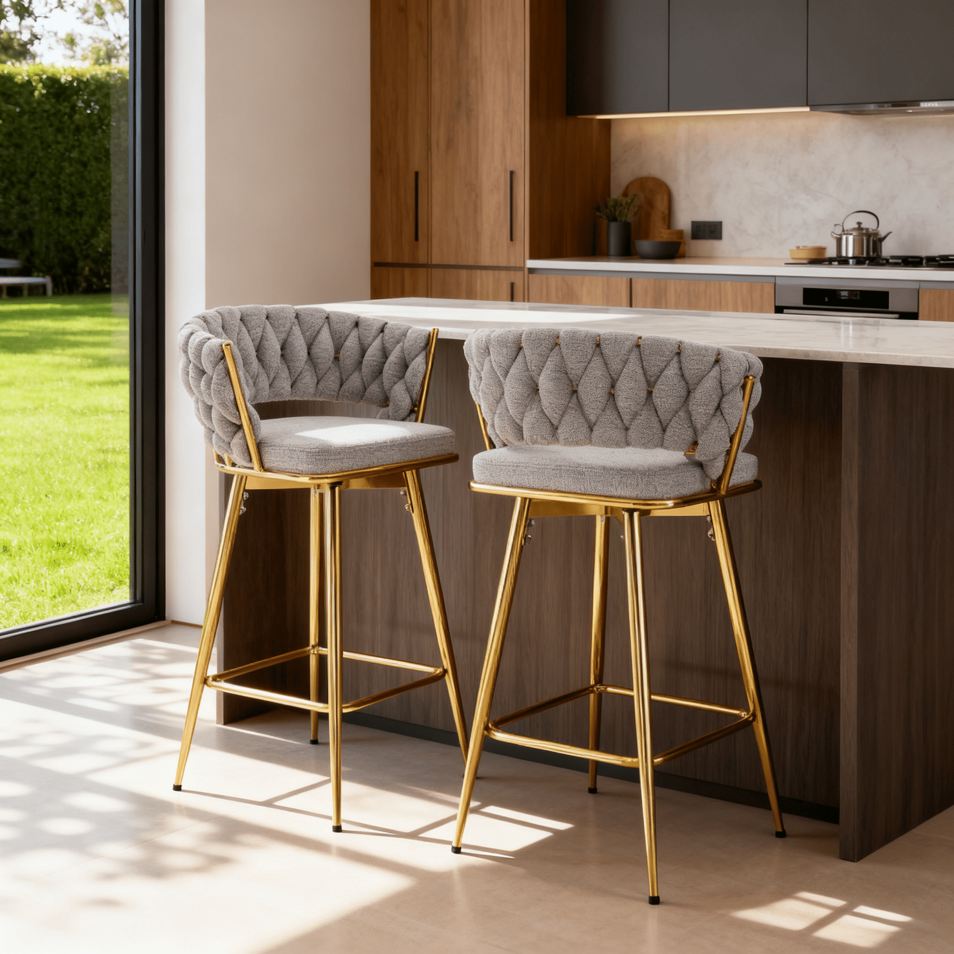 Two sets of swivel bar stools with breathable cotton and linen soft cushions, electroplated metal frames without rust, suitable for restaurant and bar use, as well as for casual seating in living room - 1st Choice Furniture Direct