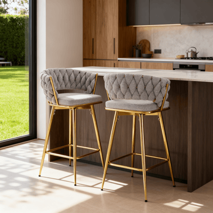 Two sets of swivel bar stools with breathable cotton and linen soft cushions, electroplated metal frames without rust, suitable for restaurant and bar use, as well as for casual seating in living room - 1st Choice Furniture Direct