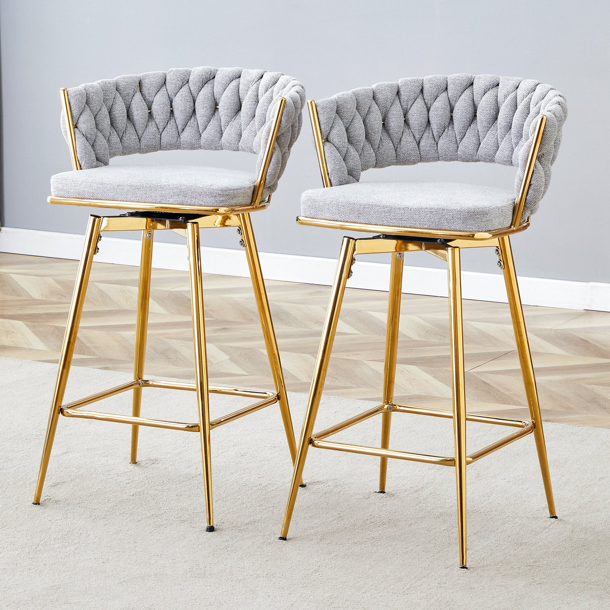 Two sets of swivel bar stools with breathable cotton and linen soft cushions, electroplated metal frames without rust, suitable for restaurant and bar use, as well as for casual seating in living room - 1st Choice Furniture Direct