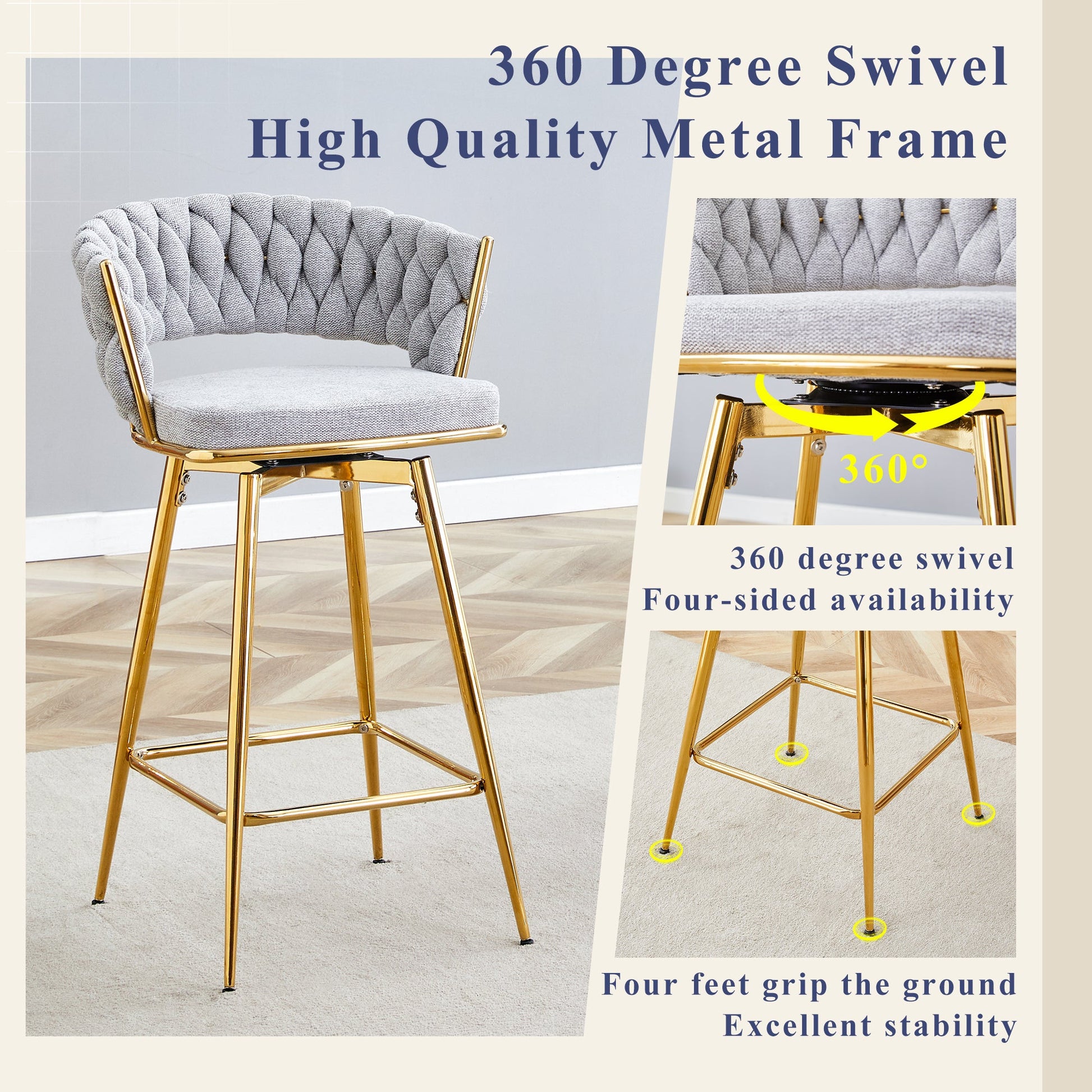 Two sets of swivel bar stools with breathable cotton and linen soft cushions, electroplated metal frames without rust, suitable for restaurant and bar use, as well as for casual seating in living room - 1st Choice Furniture Direct