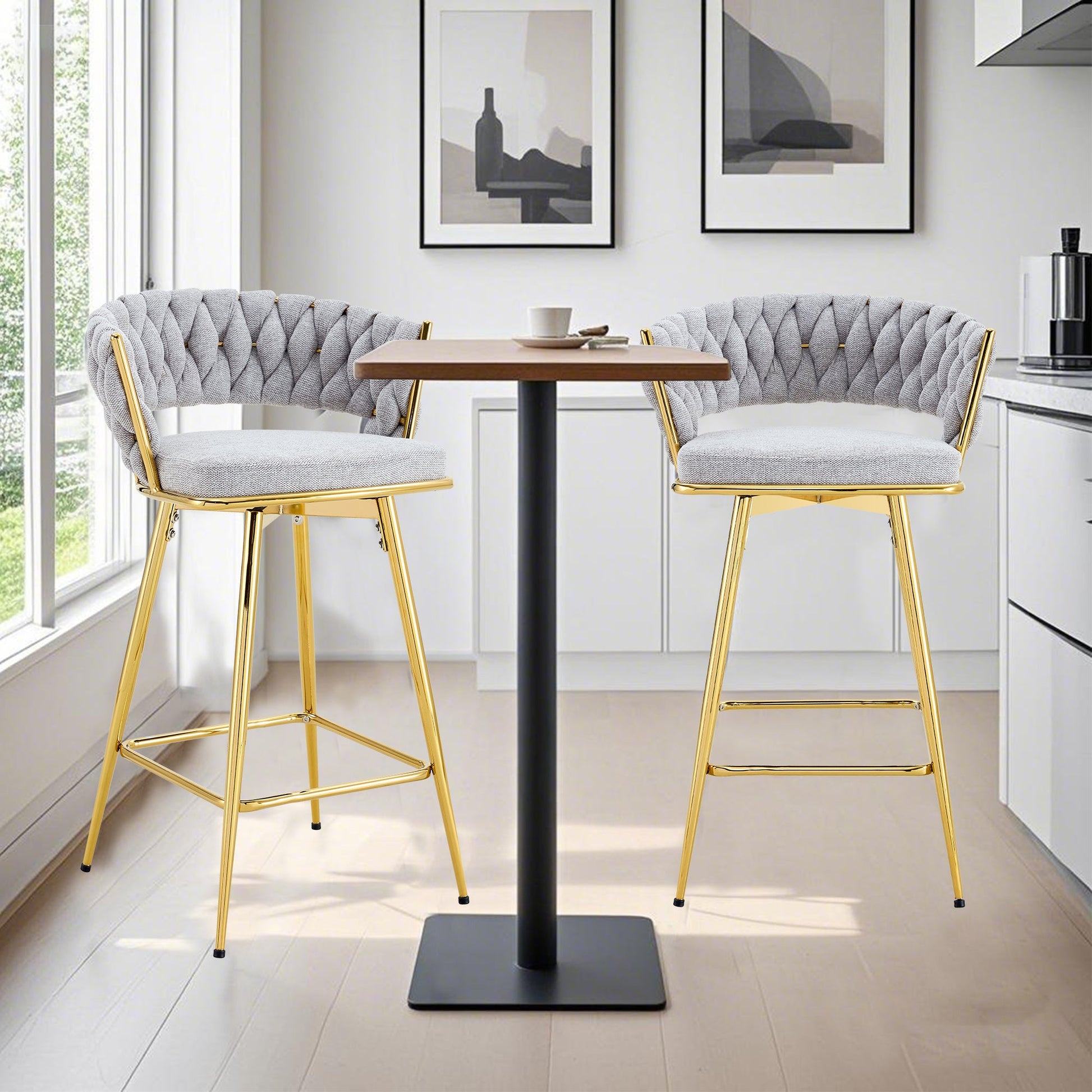 Two sets of swivel bar stools with breathable cotton and linen soft cushions, electroplated metal frames without rust, suitable for restaurant and bar use, as well as for casual seating in living room - 1st Choice Furniture Direct