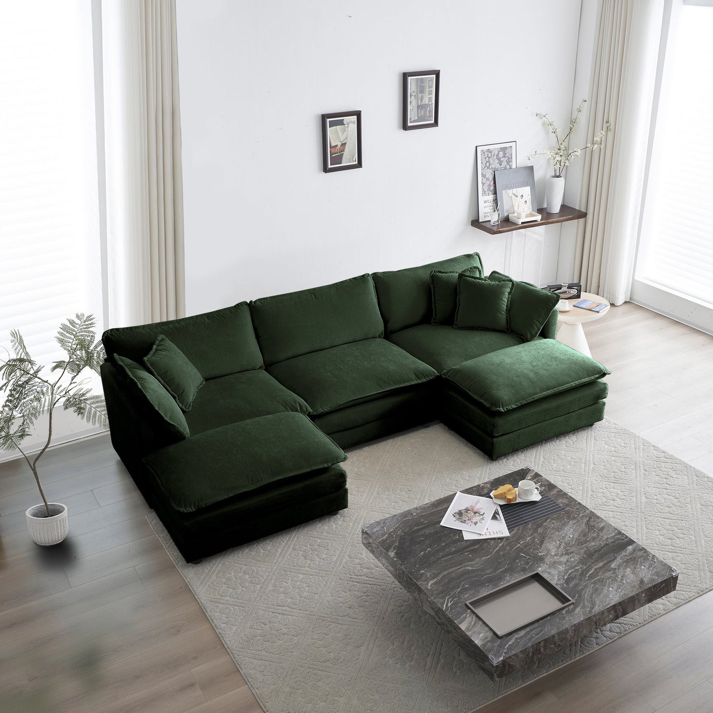U - Shaped Sectional Sofa w/Reversible Footrest, 5 - Seater Convertible Corner Couch with 2 Ottomans ,Modern Minimalist Soft Sofa & Couch for Living Room , Green Chenille - 1st Choice Furniture Direct