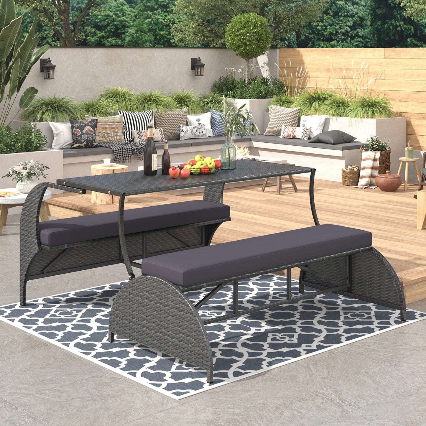 U_STYLE 2 - in - 1 Convertible Picnic Upholstered Bench Table,57.1' Outdoor Loveseat,Portable Picnic Table Couch,Convertible To 4 Seats&1 Table,For Garden,Lawn,Backyard,Porch,Patio - 1st Choice Furniture Direct