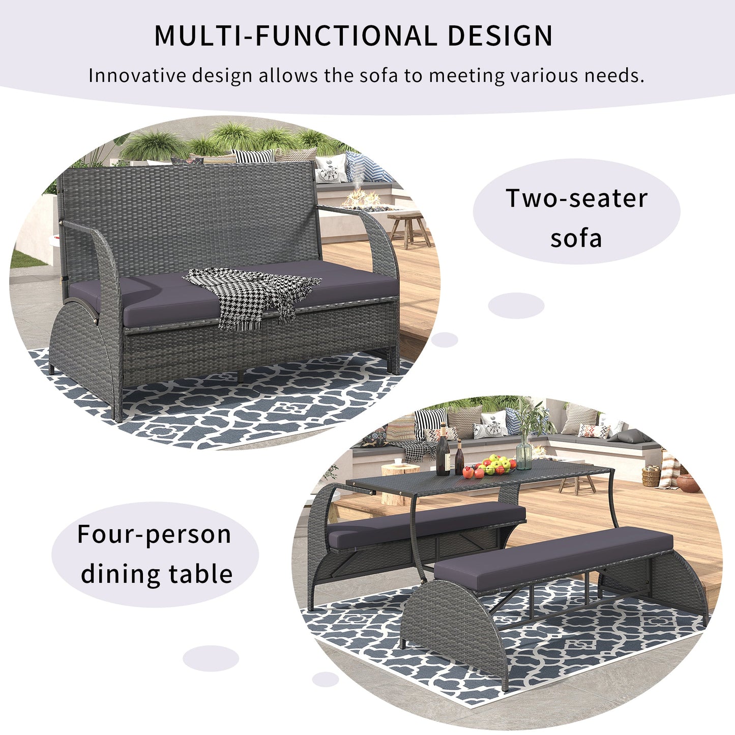 U_STYLE 2 - in - 1 Convertible Picnic Upholstered Bench Table,57.1' Outdoor Loveseat,Portable Picnic Table Couch,Convertible To 4 Seats&1 Table,For Garden,Lawn,Backyard,Porch,Patio - 1st Choice Furniture Direct