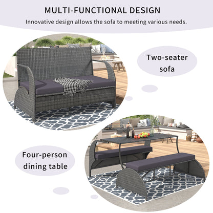 U_STYLE 2 - in - 1 Convertible Picnic Upholstered Bench Table,57.1' Outdoor Loveseat,Portable Picnic Table Couch,Convertible To 4 Seats&1 Table,For Garden,Lawn,Backyard,Porch,Patio - 1st Choice Furniture Direct