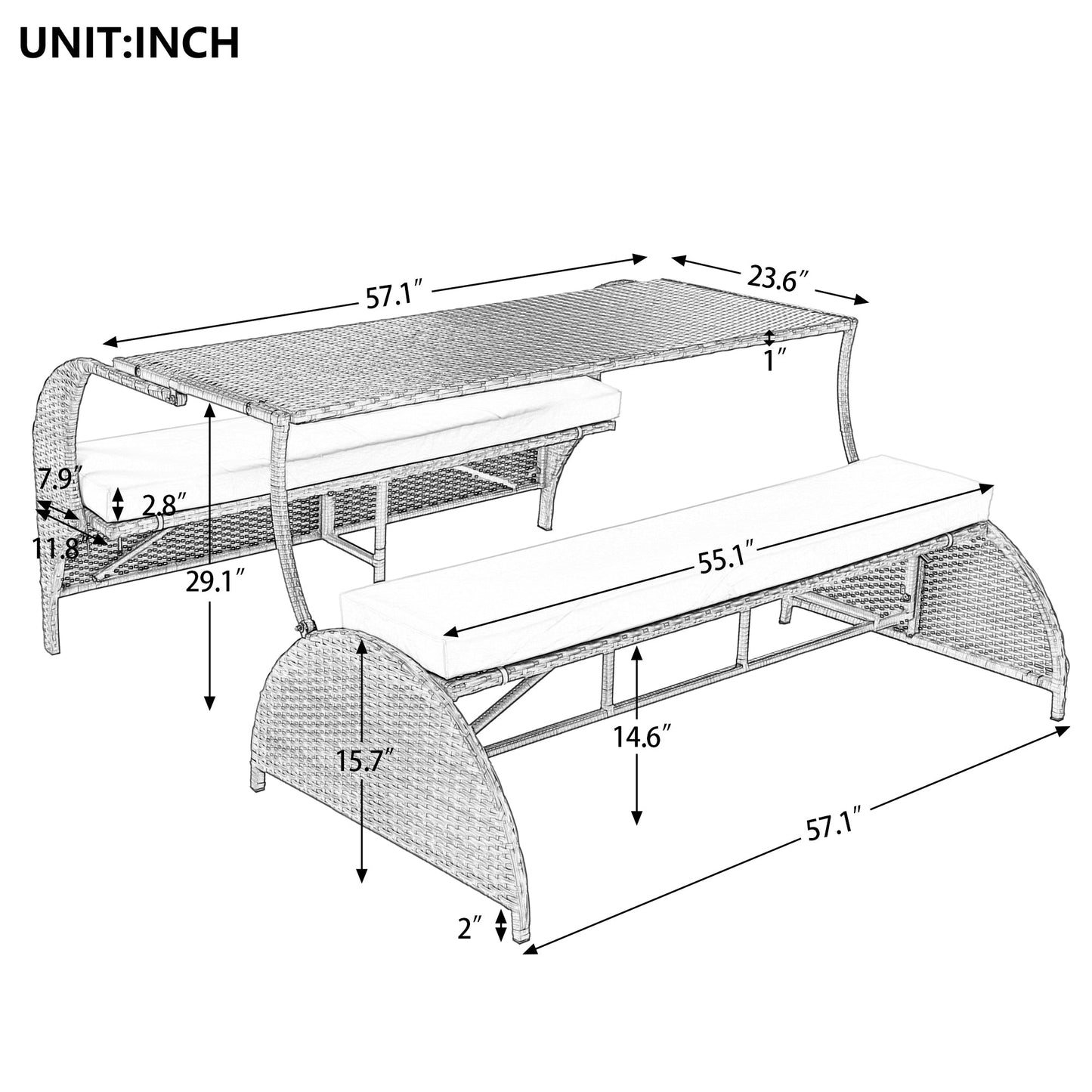U_STYLE 2 - in - 1 Convertible Picnic Upholstered Bench Table,57.1' Outdoor Loveseat,Portable Picnic Table Couch,Convertible To 4 Seats&1 Table,For Garden,Lawn,Backyard,Porch,Patio - 1st Choice Furniture Direct