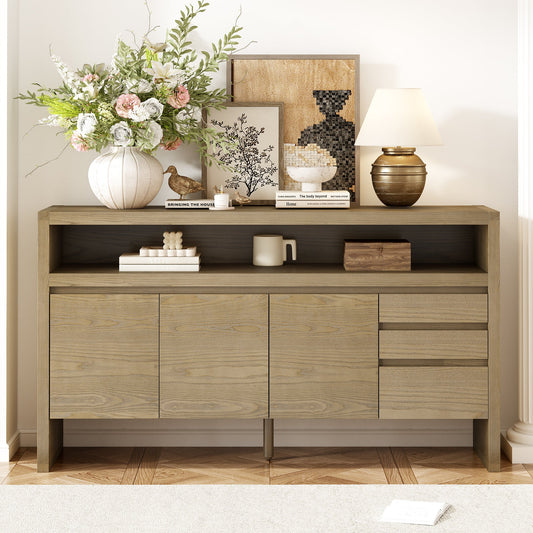U_Style 60' 3 - Door Sideboard with 3 Drawers - Modern Solid Ash Veneer MDF Sideboard, Semi - Open Shelf & Center Semi - Circular Cutout in Back Panel, Large Storage Cabinet for Living Room, Hallway, Dining - 1st Choice Furniture Direct