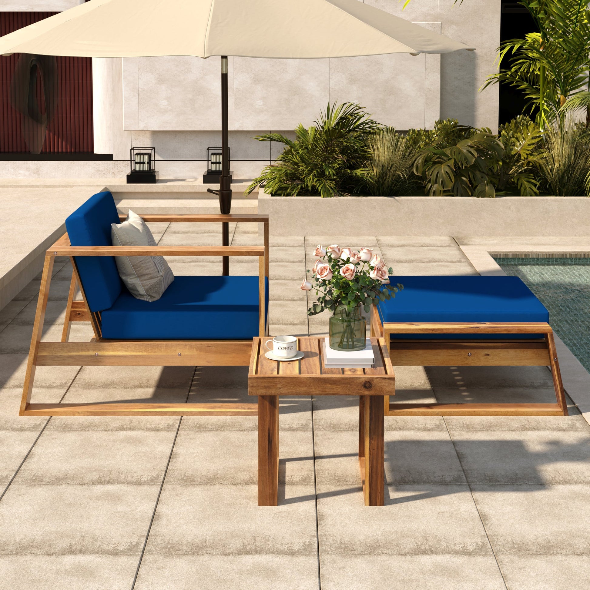U_STYLE Acacia Wood Outdoor Lounge Set - Chair and Ottoman with Removable Cushions, All - Weather Outdoor Chaise Lounge/Daybed, Perfect for Patios, Balconies, and Gardens - 1st Choice Furniture Direct