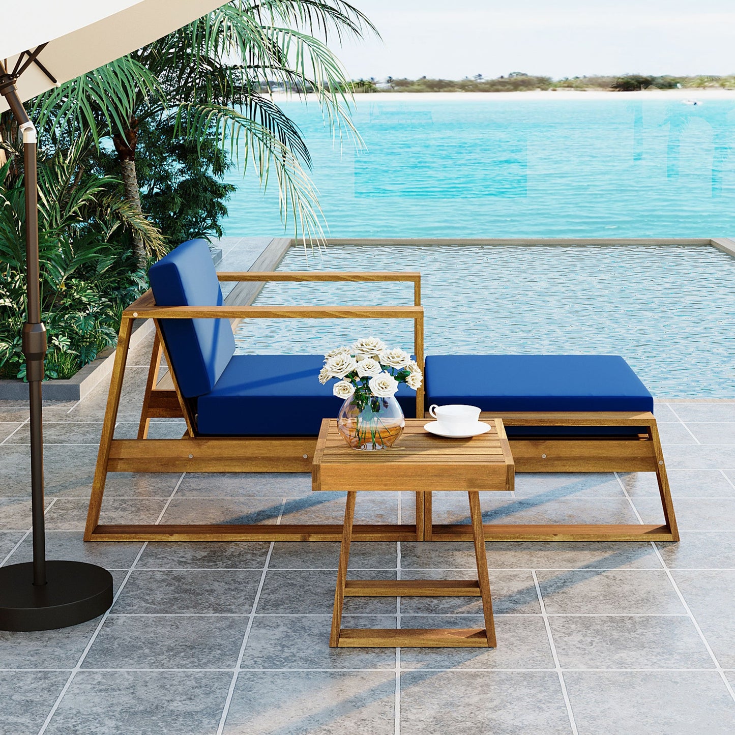 U_STYLE Acacia Wood Outdoor Lounge Set - Chair and Ottoman with Removable Cushions, All - Weather Outdoor Chaise Lounge/Daybed, Perfect for Patios, Balconies, and Gardens - 1st Choice Furniture Direct