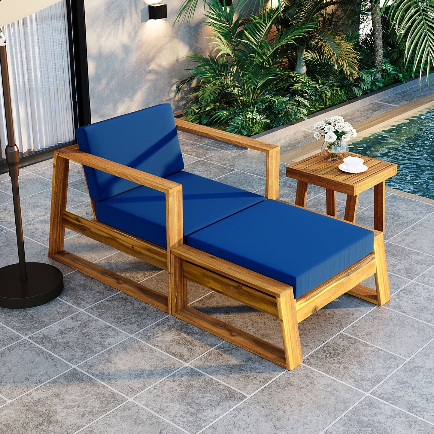 U_STYLE Acacia Wood Outdoor Lounge Set - Chair and Ottoman with Removable Cushions, All - Weather Outdoor Chaise Lounge/Daybed, Perfect for Patios, Balconies, and Gardens - 1st Choice Furniture Direct