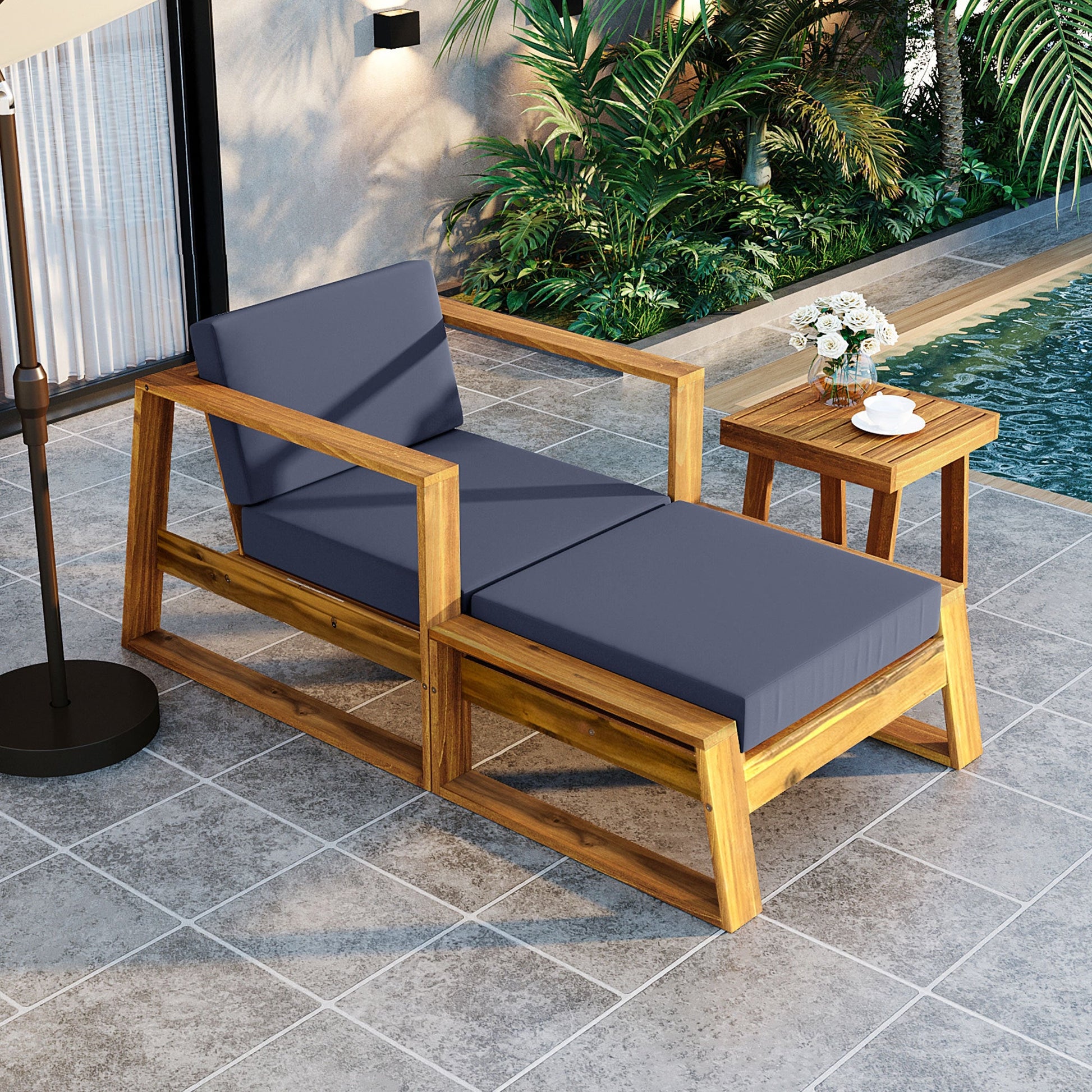 U_STYLE Acacia Wood Outdoor Lounge Set - Chair and Ottoman with Removable Cushions, All - Weather Outdoor Chaise Lounge/Daybed, Perfect for Patios, Balconies, and Gardens - 1st Choice Furniture Direct