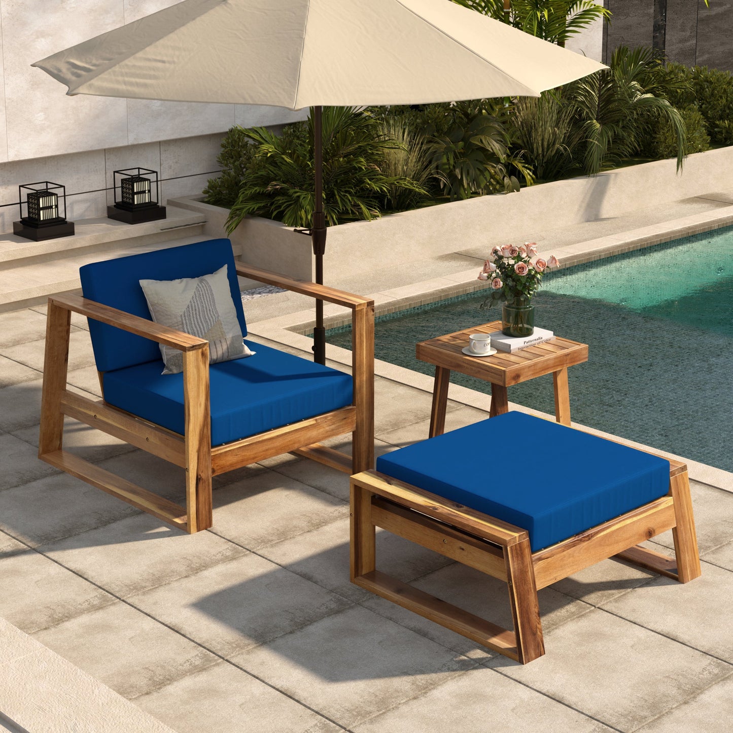U_STYLE Acacia Wood Outdoor Lounge Set - Chair and Ottoman with Removable Cushions, All - Weather Outdoor Chaise Lounge/Daybed, Perfect for Patios, Balconies, and Gardens - 1st Choice Furniture Direct