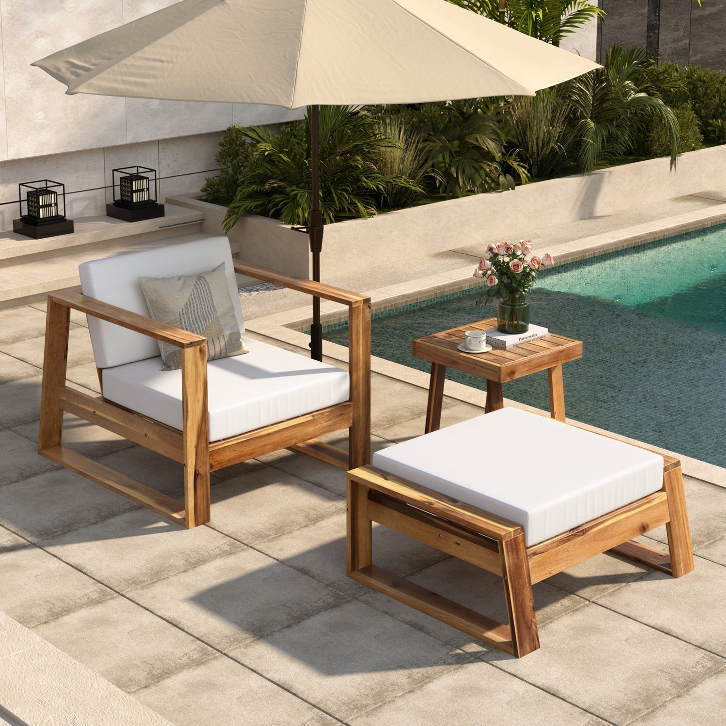 U_STYLE Acacia Wood Outdoor Lounge Set - Chair and Ottoman with Removable Cushions, All - Weather Outdoor Chaise Lounge/Daybed, Perfect for Patios, Balconies, and Gardens - 1st Choice Furniture Direct