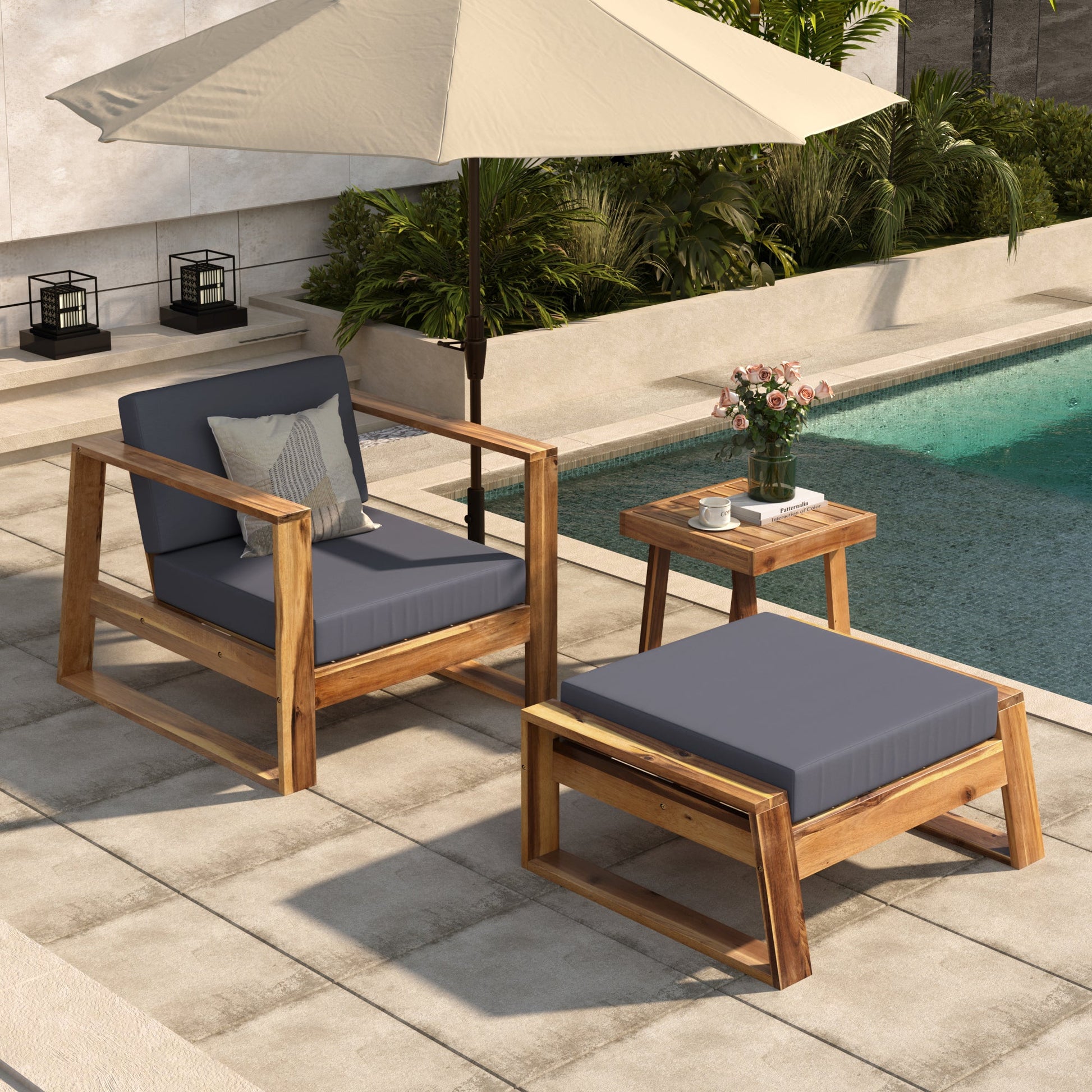 U_STYLE Acacia Wood Outdoor Lounge Set - Chair and Ottoman with Removable Cushions, All - Weather Outdoor Chaise Lounge/Daybed, Perfect for Patios, Balconies, and Gardens - 1st Choice Furniture Direct